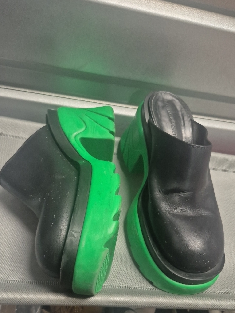 Bottega Veneta Black Leather Mules with Green Platform Sole